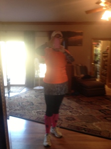 Neon orange shirt - check; zebra print skirt and arm warmers - check; neon pink compression sleeves - check; I need some neon green!
